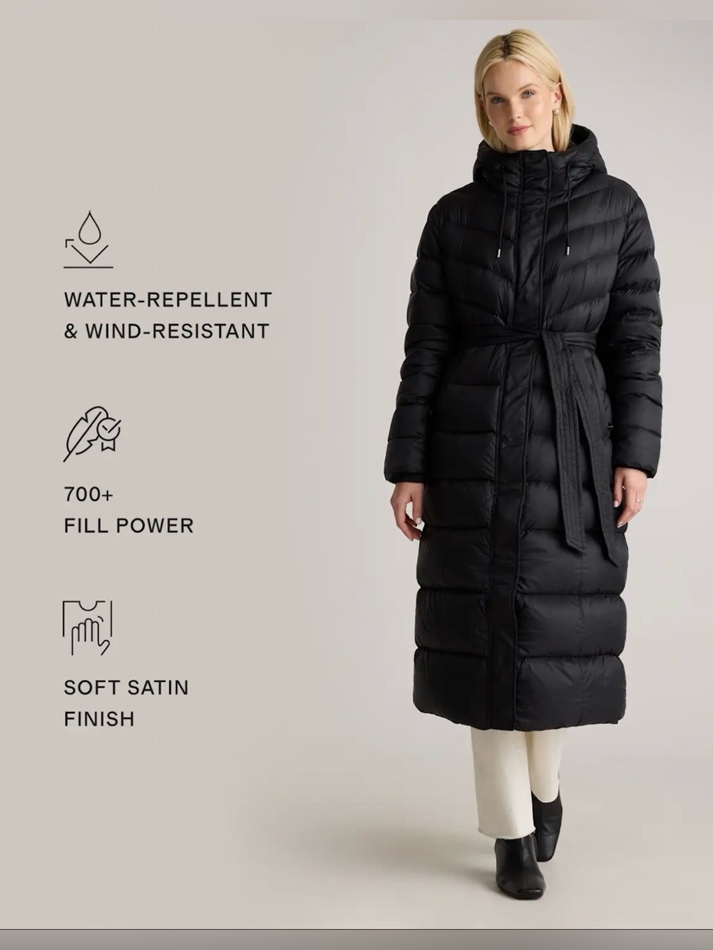 Quince Black Responsible Down Belted Hooded Puffer Maxi Coat - NWOT